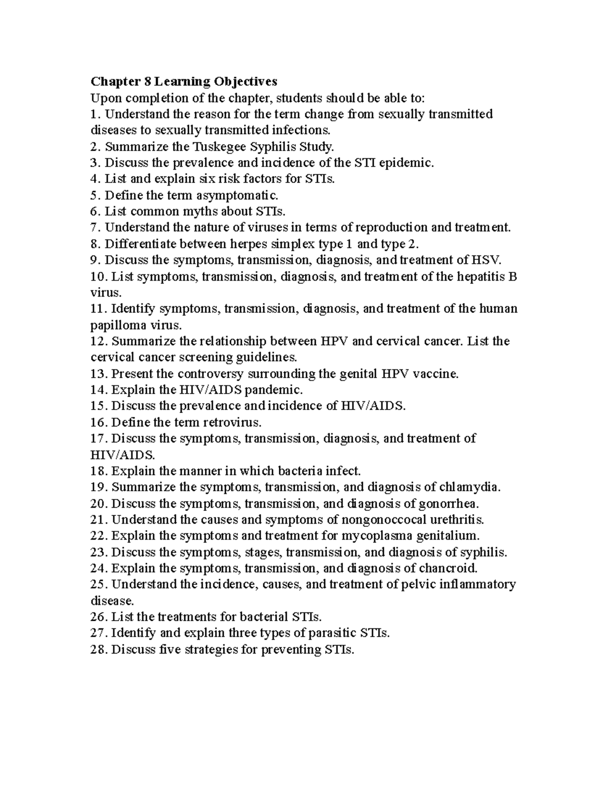 Chapter 8: Learning Objectives for STIs and Related Infections - Studocu