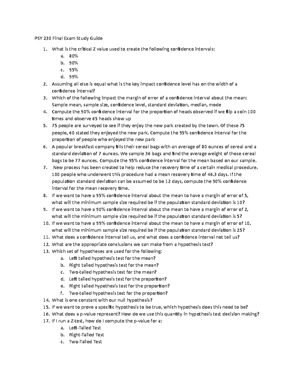 PSY 230 Final Exam Study Guide: Confidence Intervals & Hypothesis ...