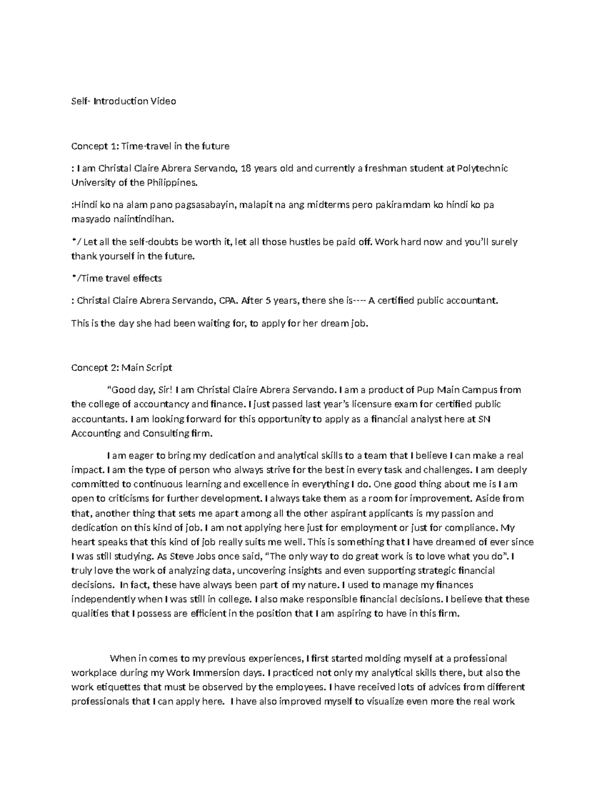 Self-Intro Video Script for CPA Application: Christal Claire Abrera ...