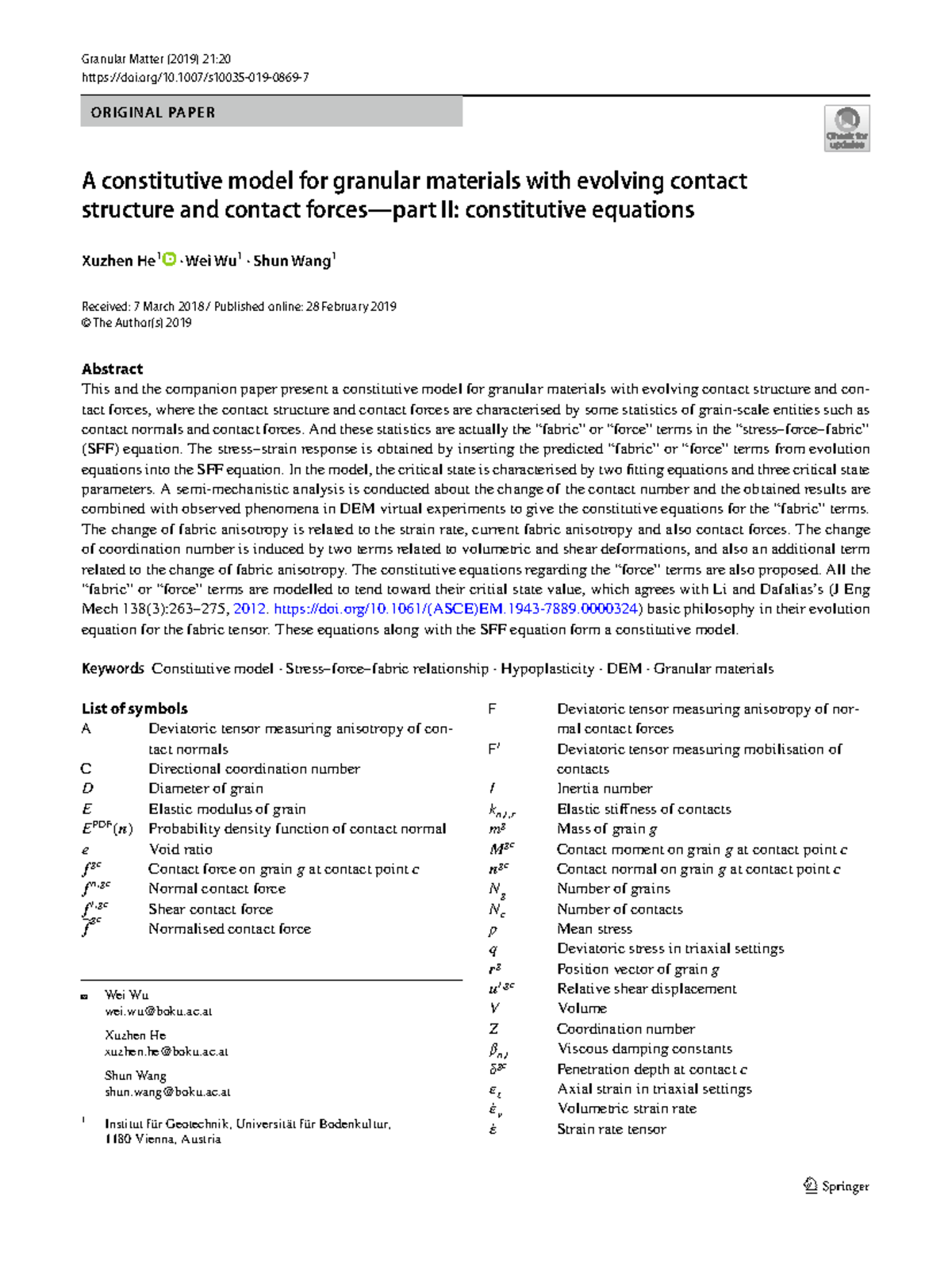 A Constitutive Model for Granular Materials: Evolving Contact ...
