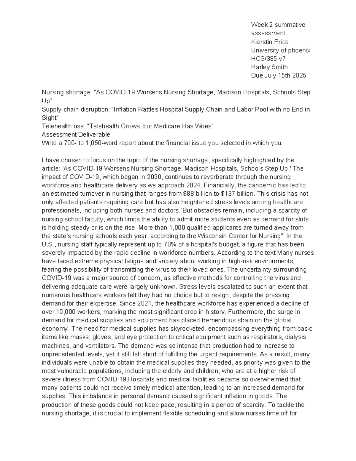 NUR 202 Week 2 Summative Assessment: Addressing the Nursing Shortage ...