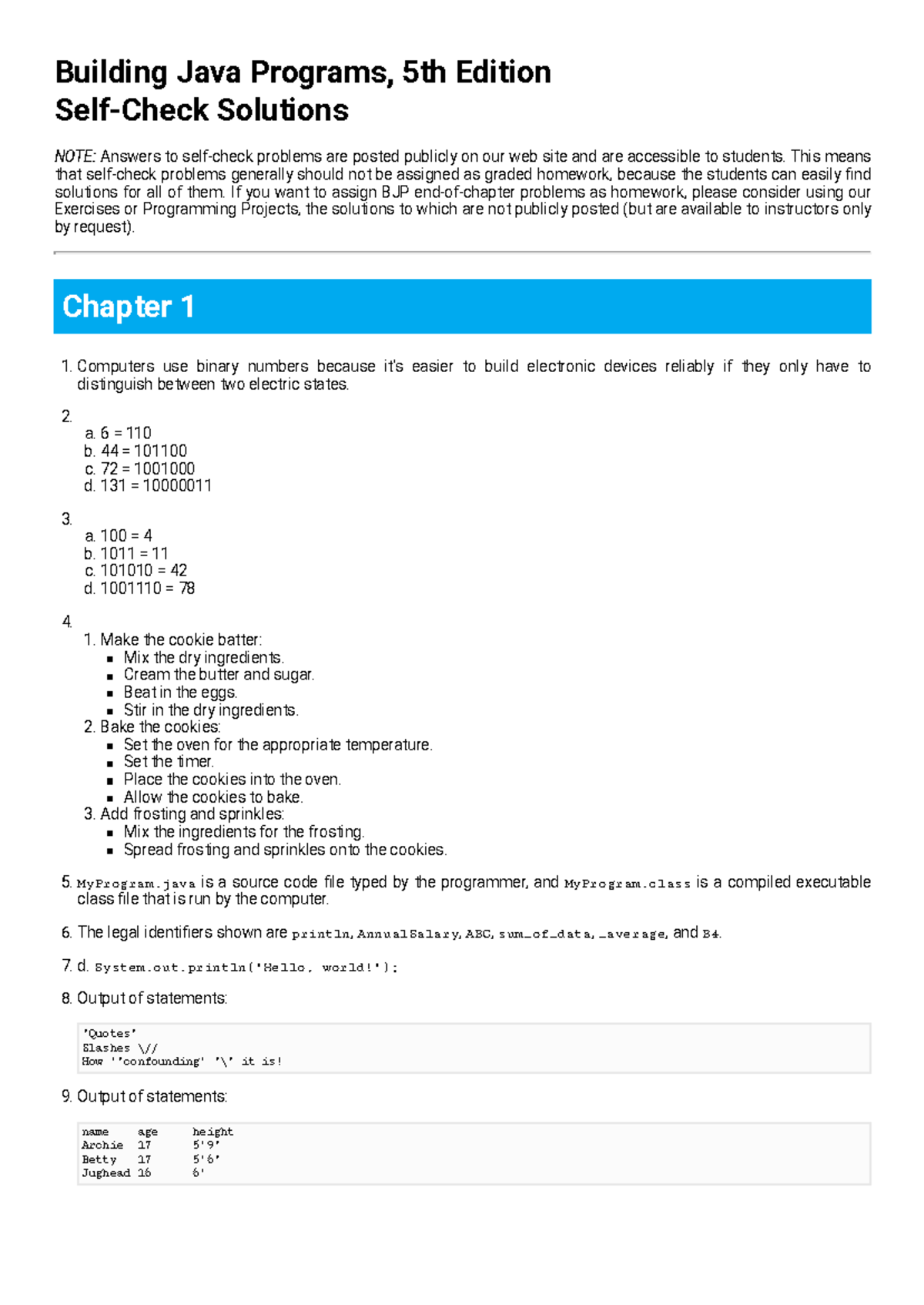 Building Java Programs 5th Edition,Self-Check Solutions 1674334971621 ...