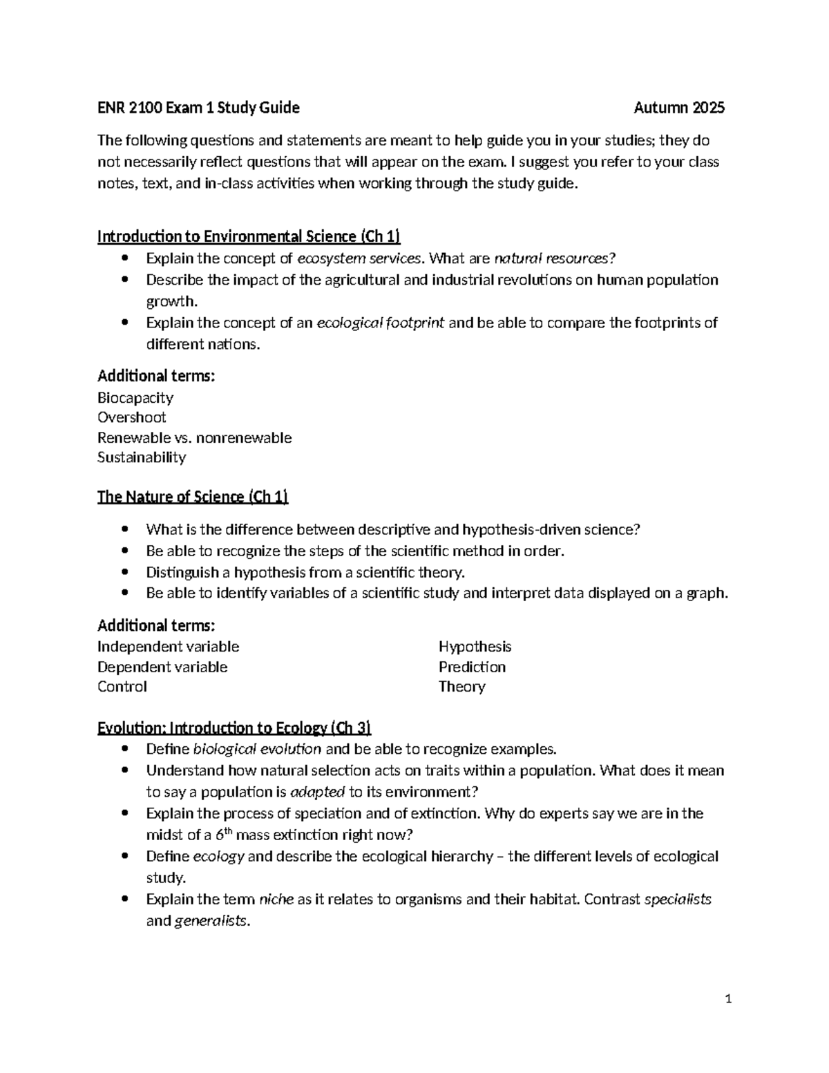 ENR 2100 Exam 1 Study Guide: Key Concepts in Env. Science - Studocu