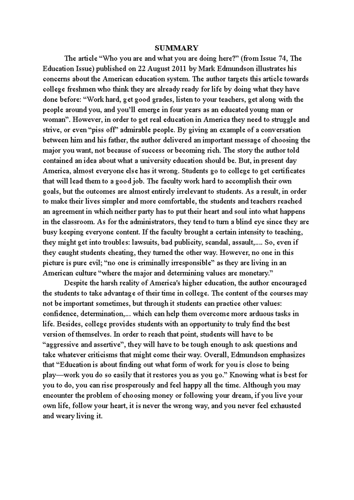 Subject Reflection on the Advanced Writing Course - SUMMARY The article ...