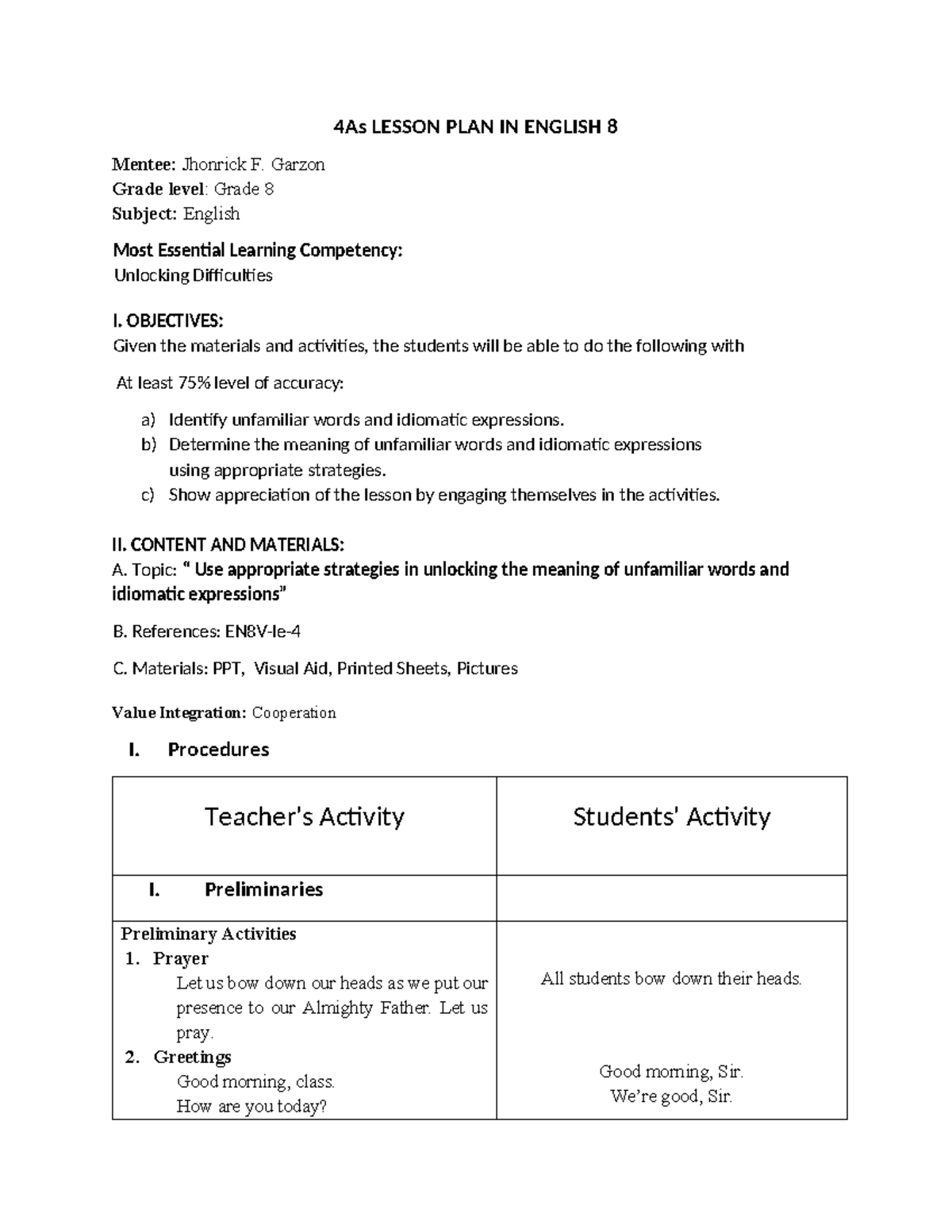 LP Lesson Plan 7: Unlocking Difficulties in English for Grade 8 - Studocu