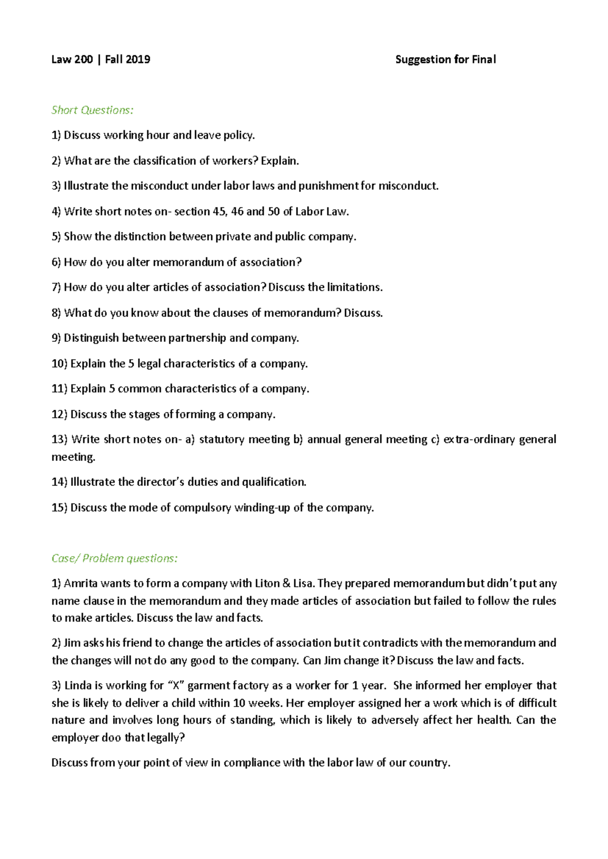 Law 200 Final Exam Study Guide: Key Questions & Case Analysis - Studocu