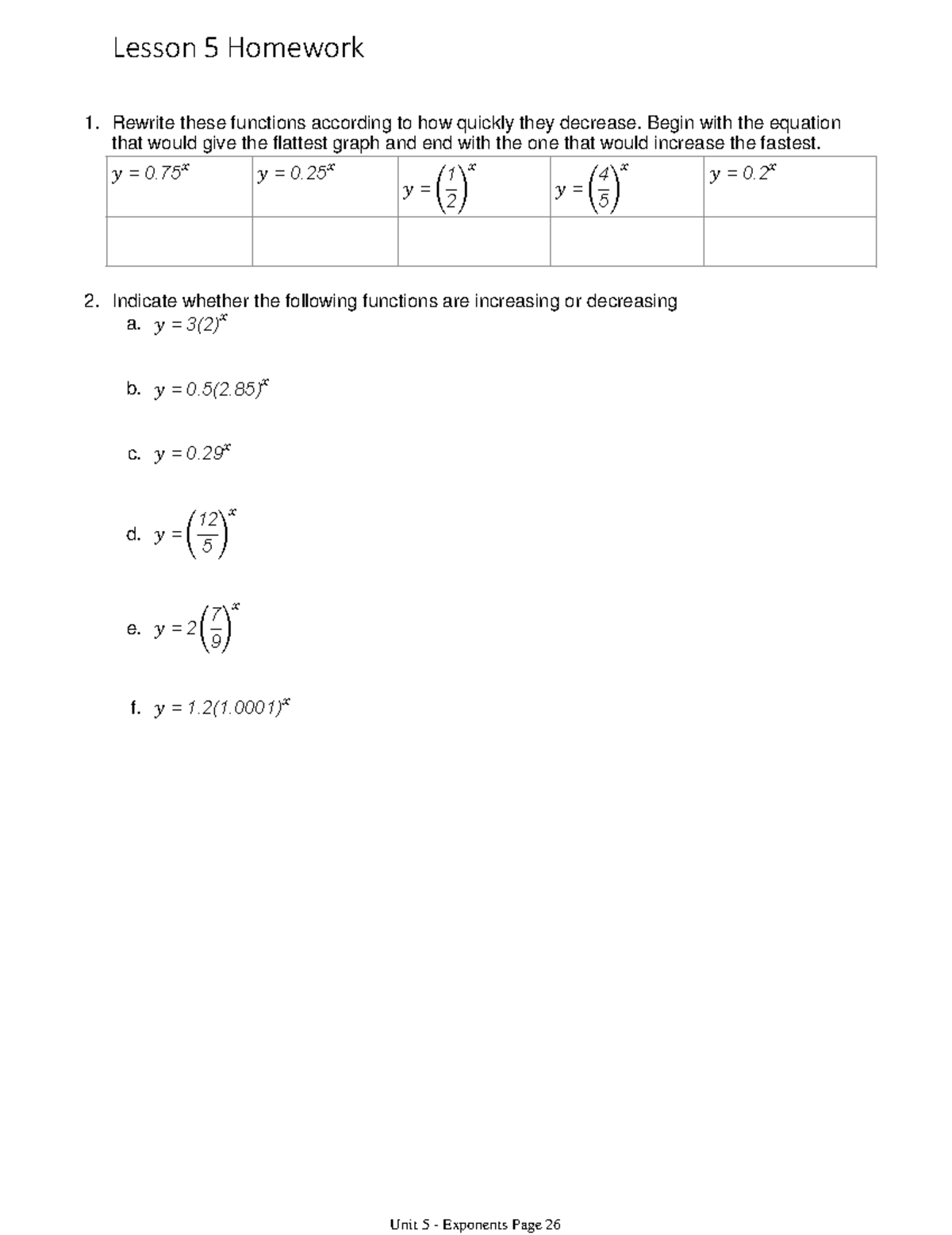 Decreasing Exponential Functions Assignment - Calculus 1301A/B ...