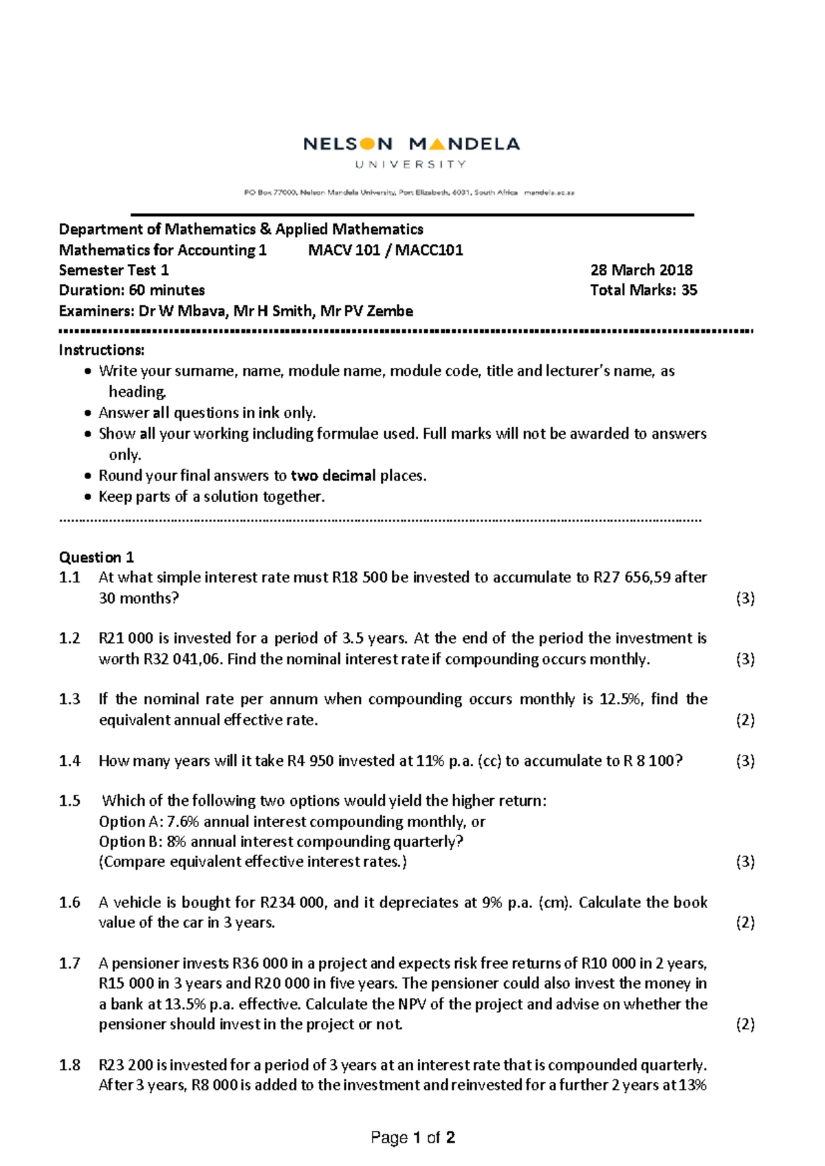 Mathematics for Accounting 1 MACV 101: Semester Test 1 Solutions - Studocu