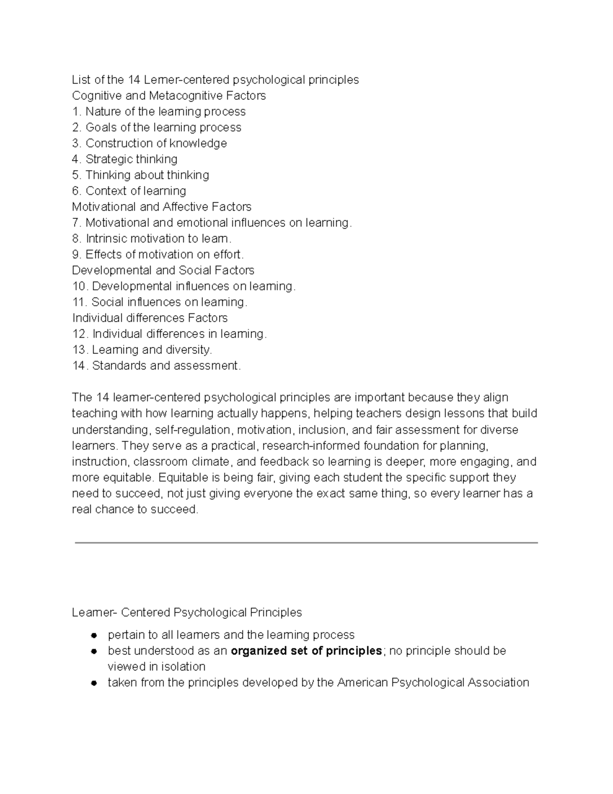 List of 14 Learner-Centered Psychological Principles - Studocu