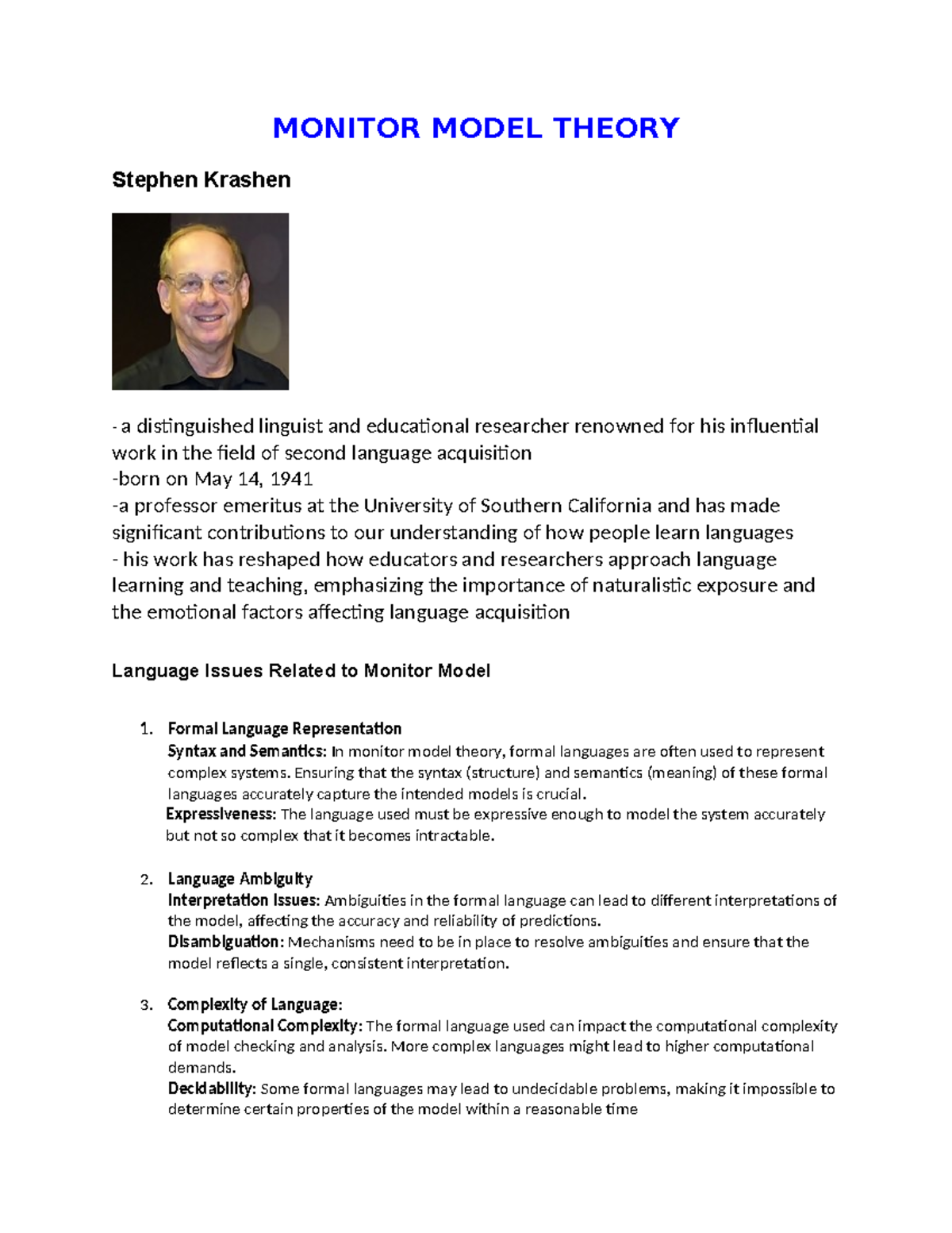 Notes on the Monitor Model Theory by Stephen Krashen - Studocu