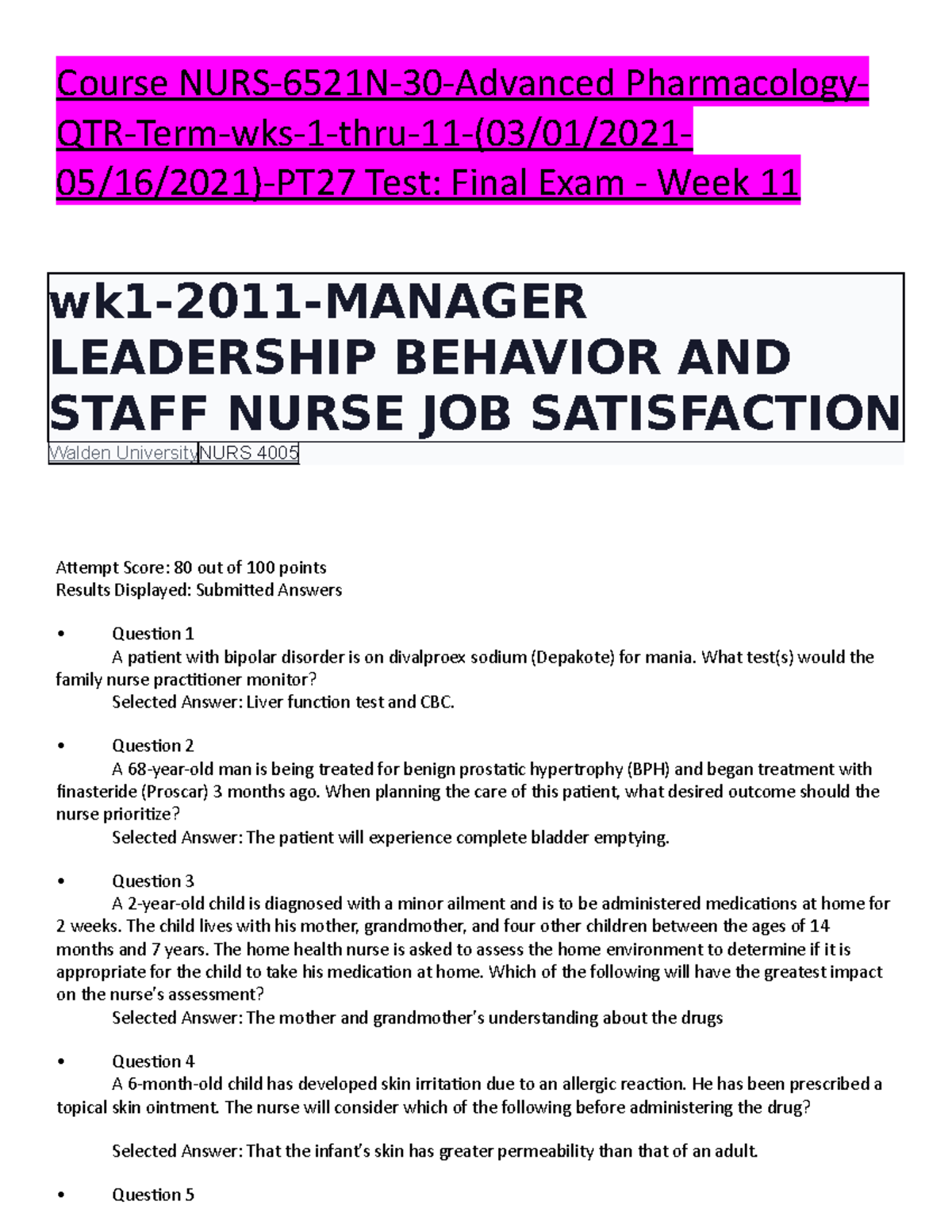 NURS 6521 Week 11 Advanced Pharmacology Final Exam Insights - Studocu