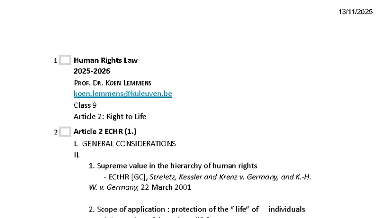 Human Rights Law (PROF. DR. KOEN LEMMENS) - Class 9: Article 2 ECHR ...