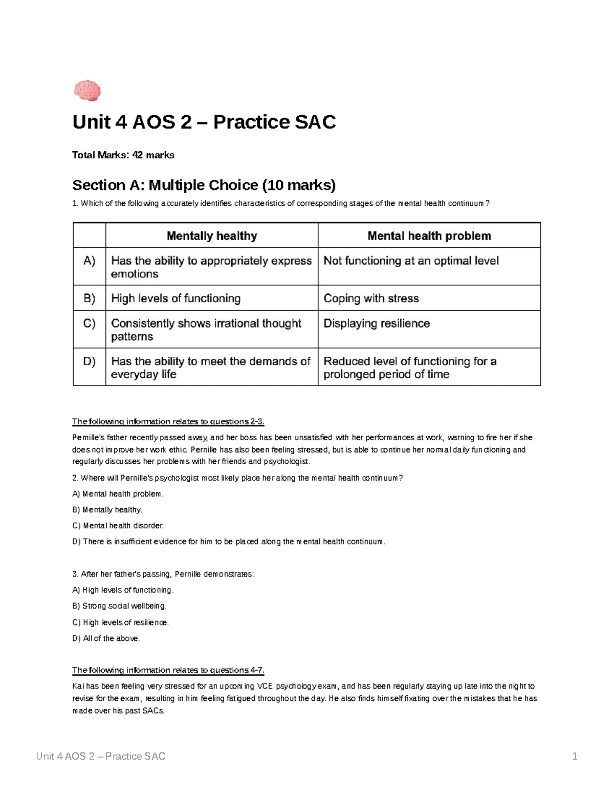Unit 4 AOS 2 Mental Health Continuum Practice SAC - Studocu