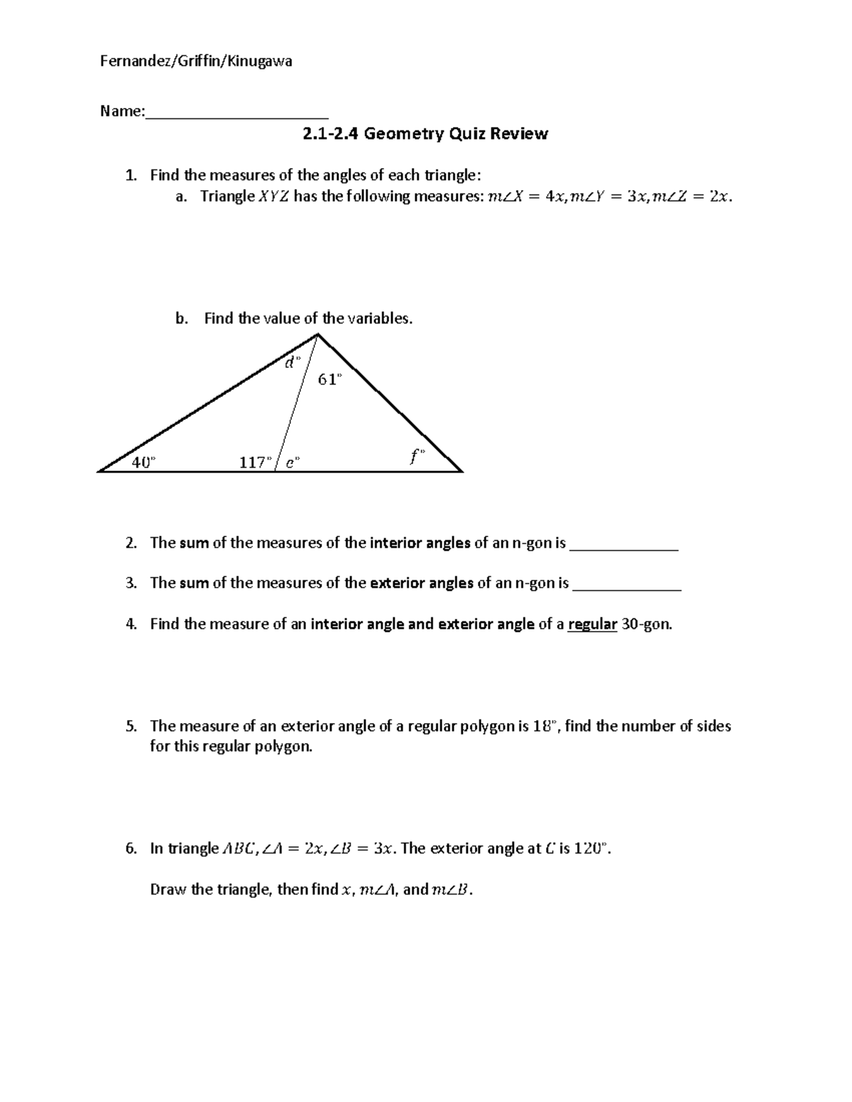 MATH 101: Geometry Quiz Review for Chapters 2.1-2.4 - Studocu