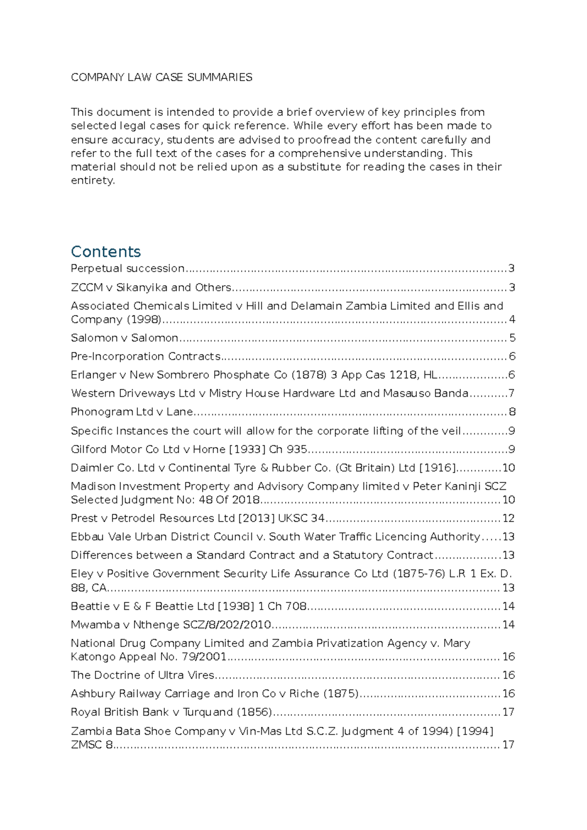 COMPANY LAW CASE SUMMARIES (CL 101) - Key Legal Principles Explained ...
