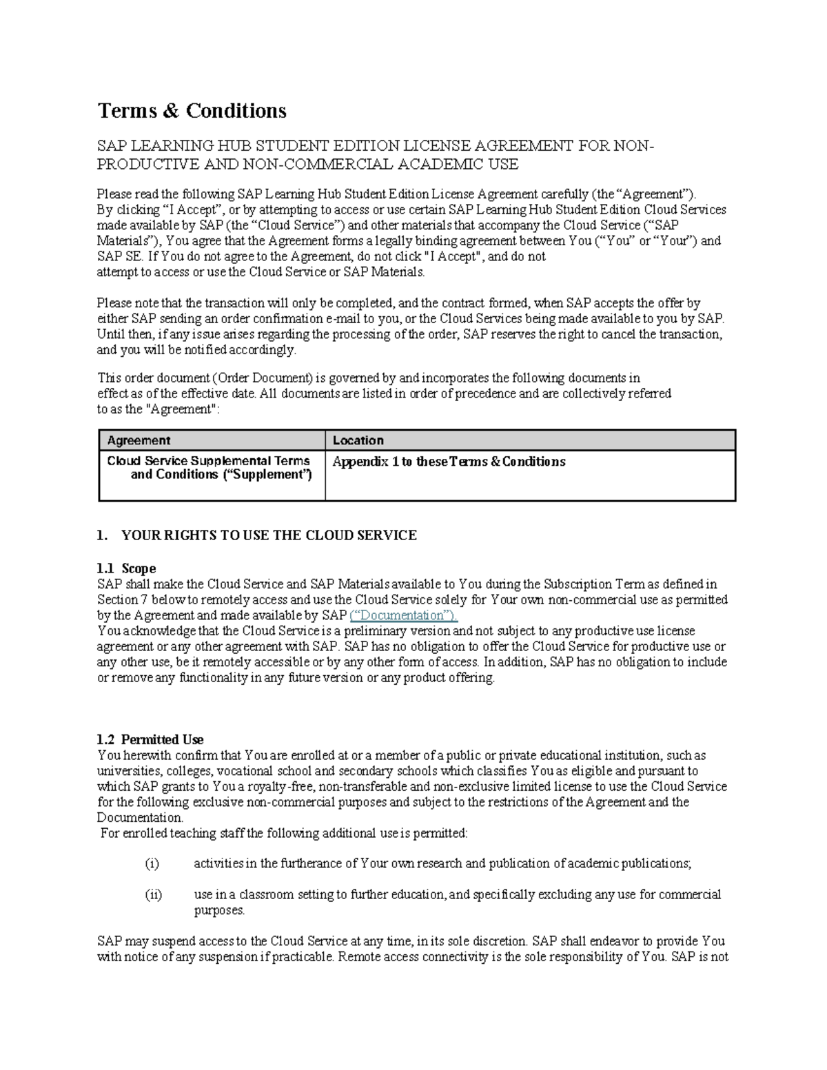 SAP Learning Hub Student Edition License Agreement: Terms & Conditions ...