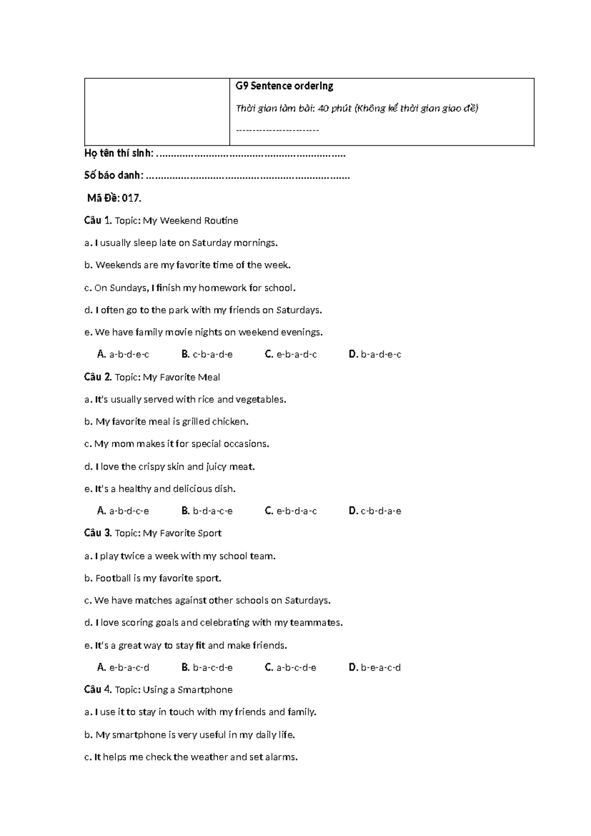 G9 Sentence Ordering Practice - Exam Code: 018 - Studocu