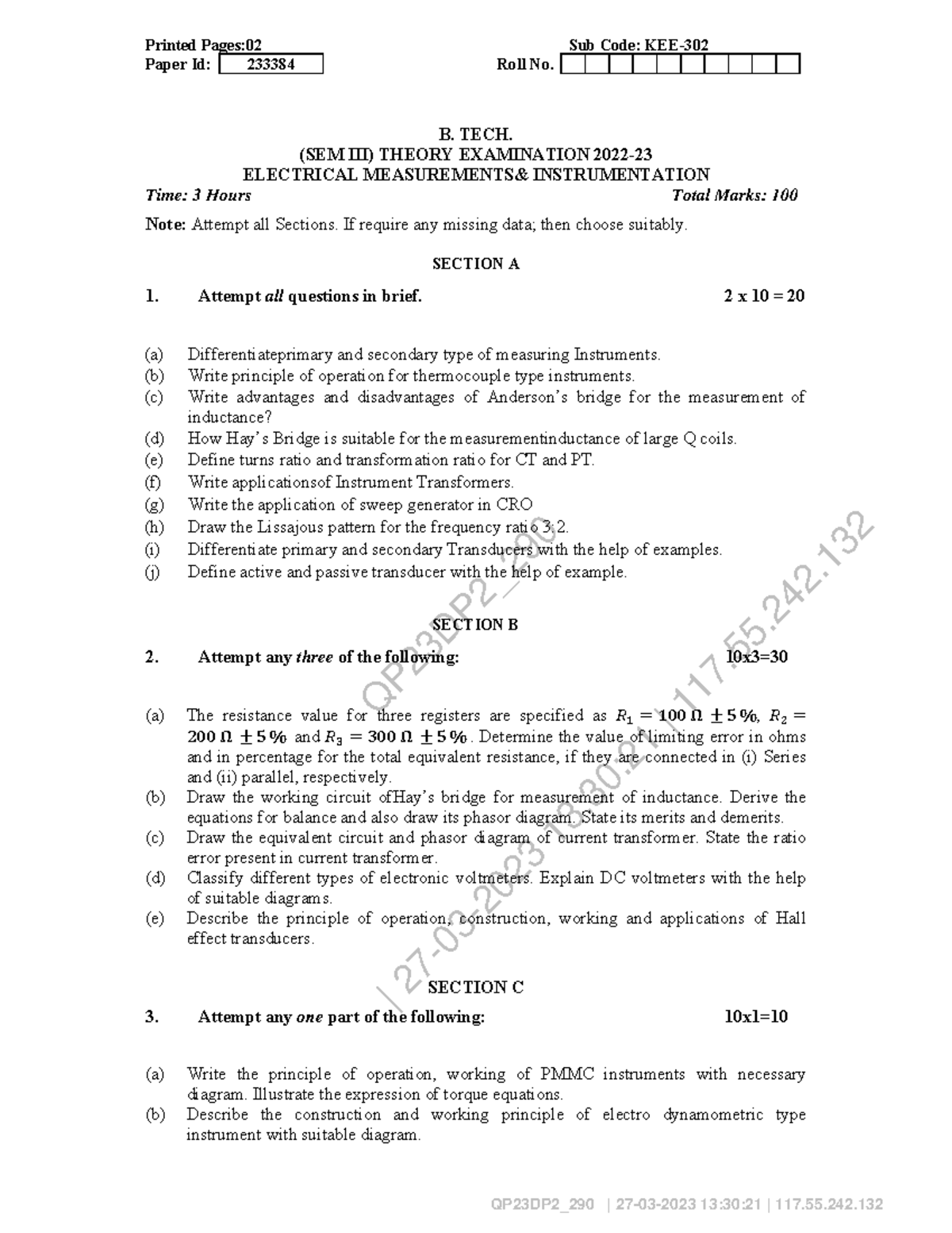 Electrical Measurements & Instrumentation Theory Exam KEE 302 - Studocu