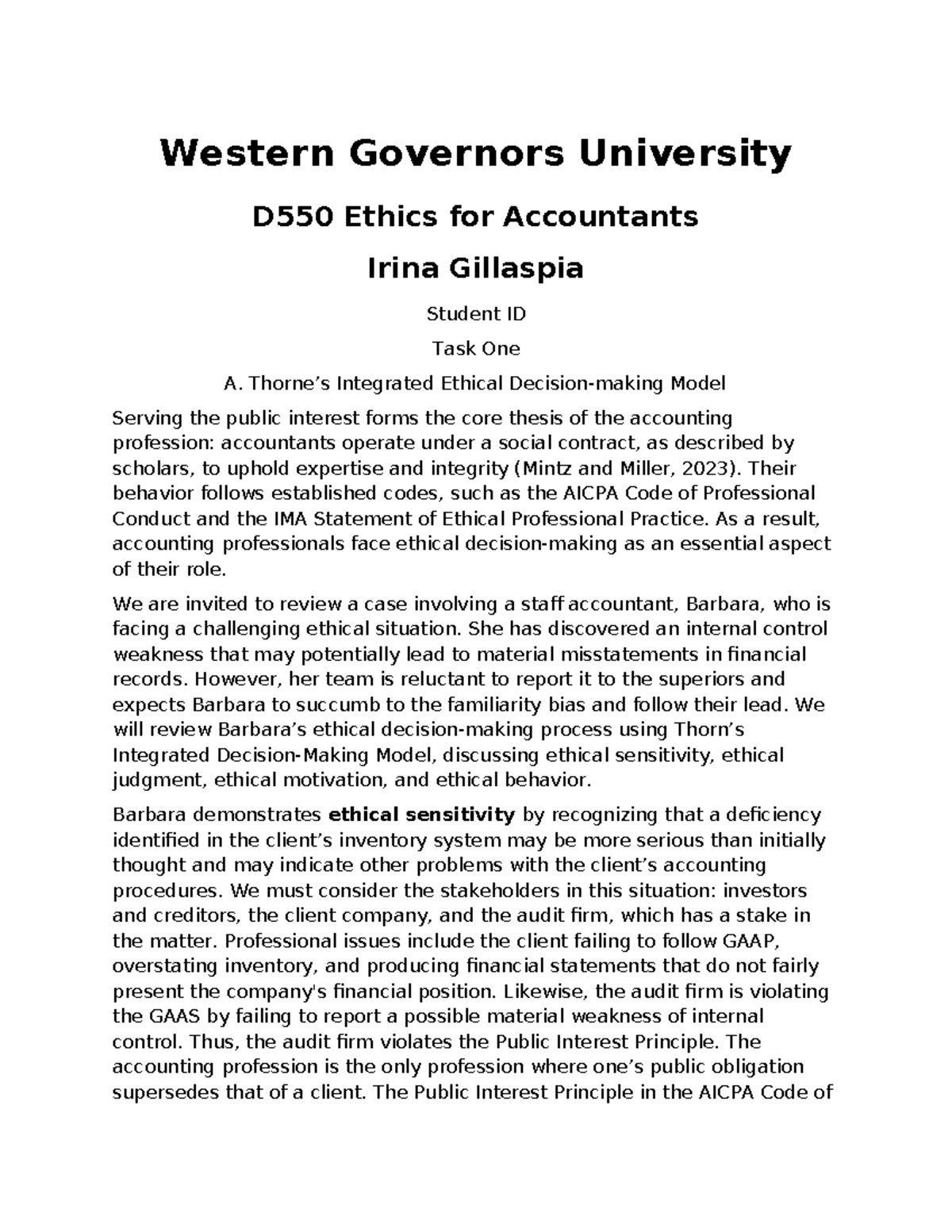 D550 Ethics for Accountants Task 1: Analyzing Ethical Dilemmas in ...