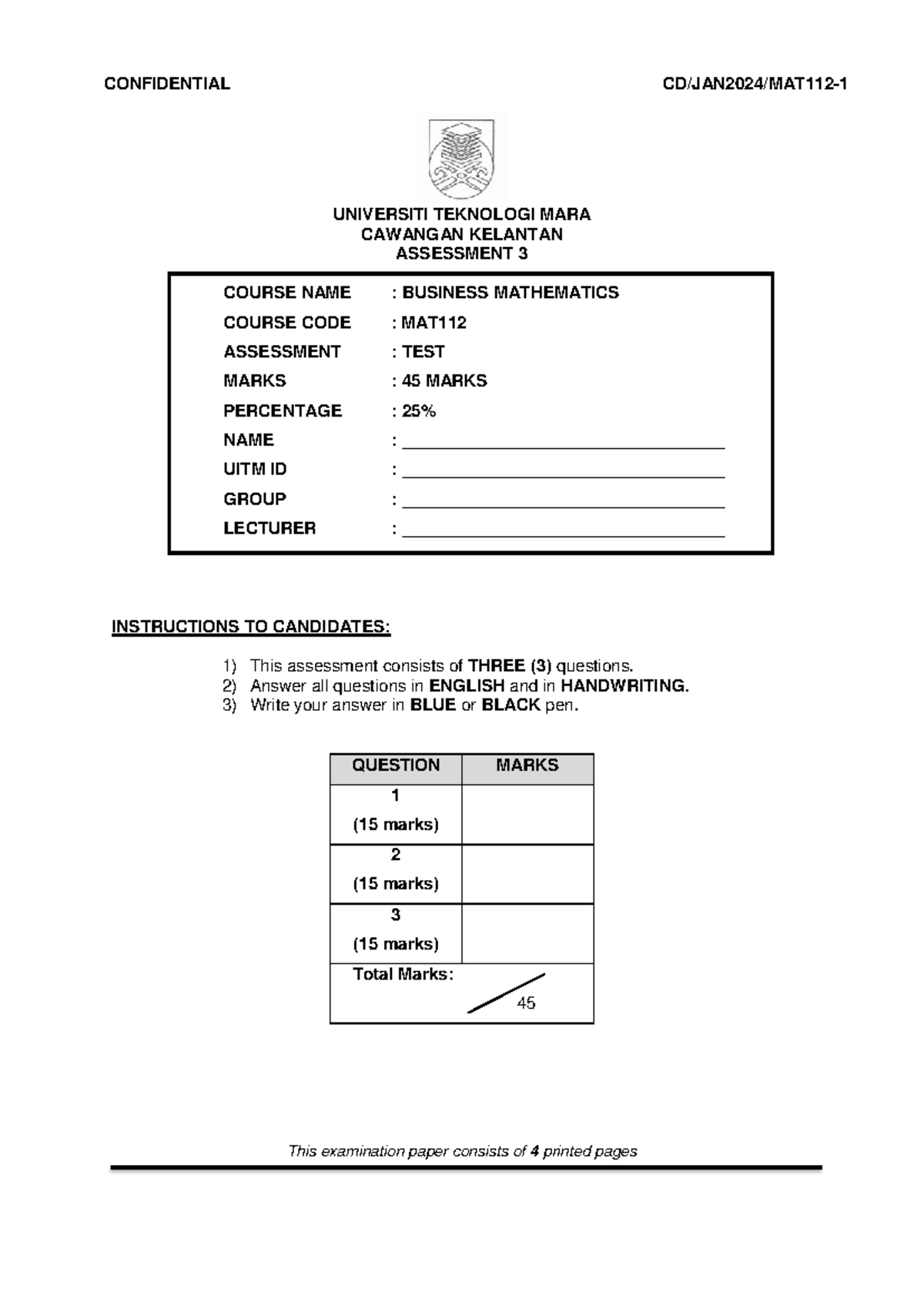 Assessment 3 Business Mathematics MAT112 JAN2024 Notes - Studocu