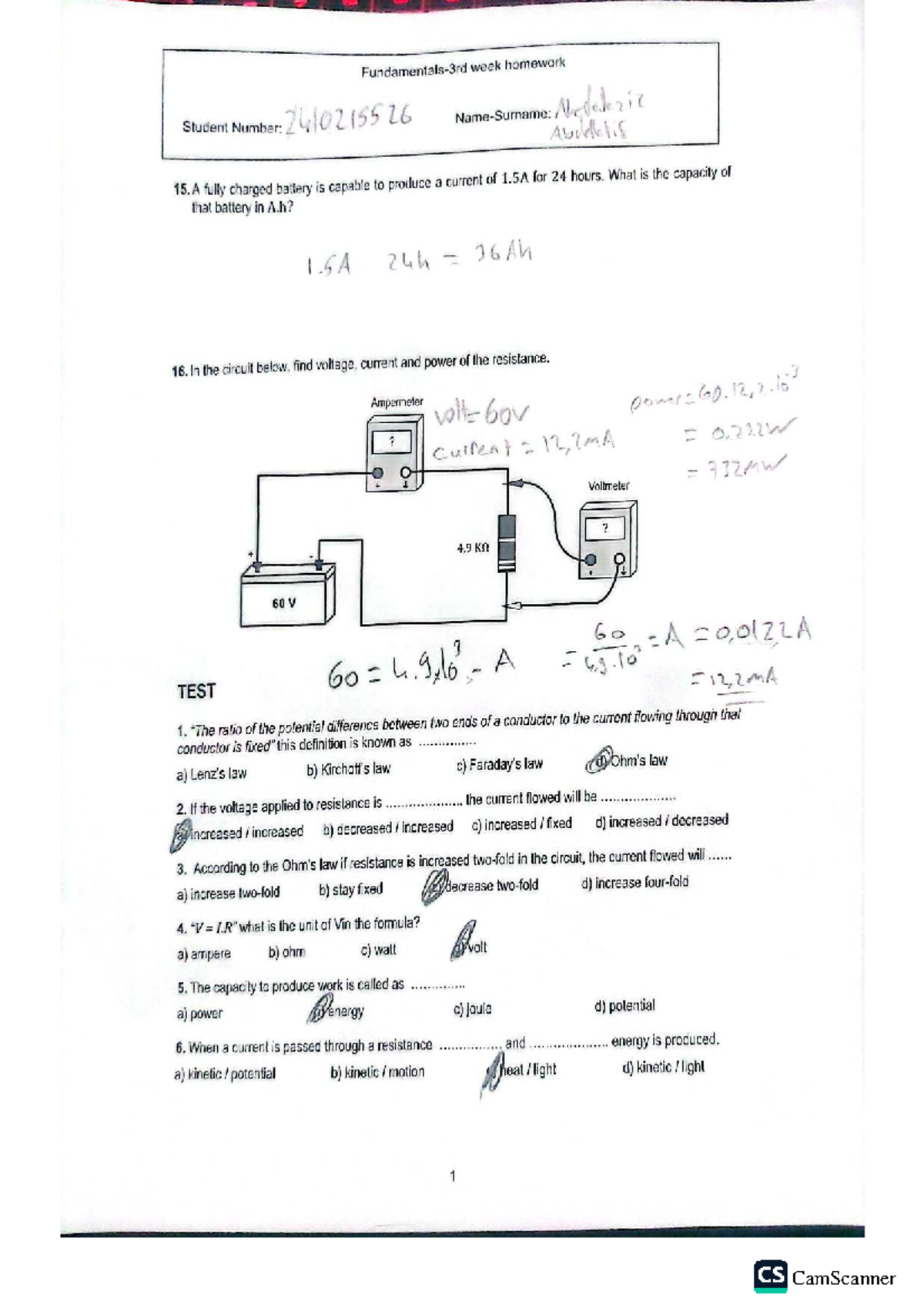 CS Week Homework: Electrical Concepts and Power Calculations - Studocu