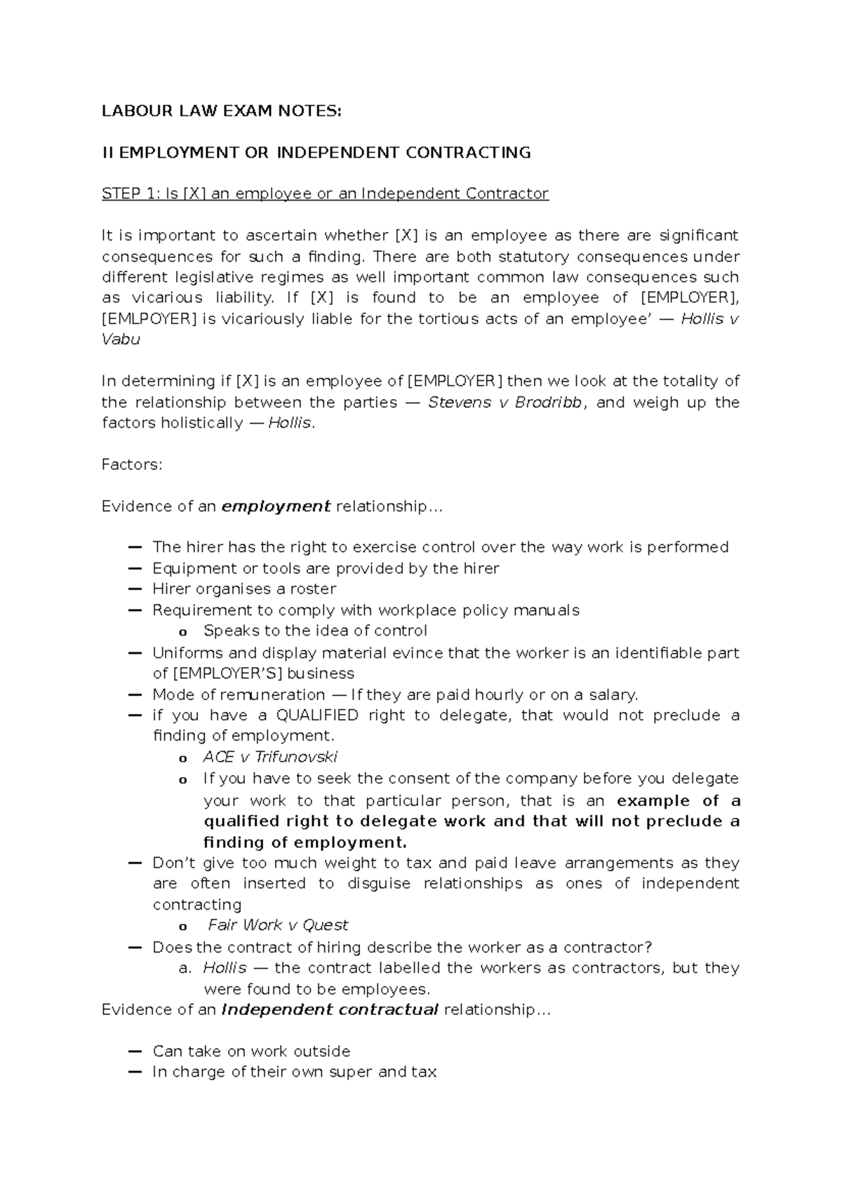 Labour law exam notes - LABOUR LAW EXAM NOTES: II EMPLOYMENT OR ...
