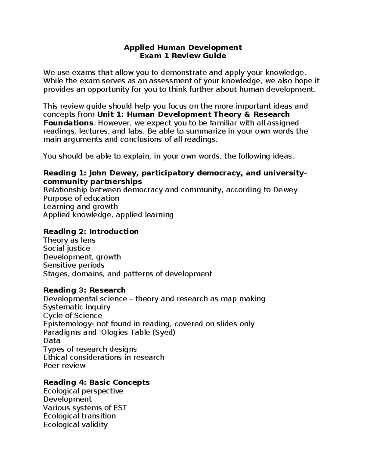 1250 Fall 2023 Exam 1 Review Guide - Applied Human Development Exam 1 ...