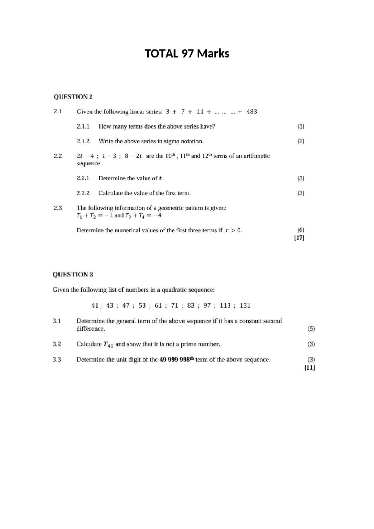 Math Practice Work: Total Marks 97 - Questions & Solutions - Studocu