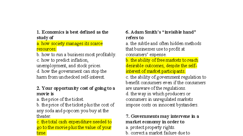 MCQ - KTH - Economics Study Guide and Practice Questions - Studocu