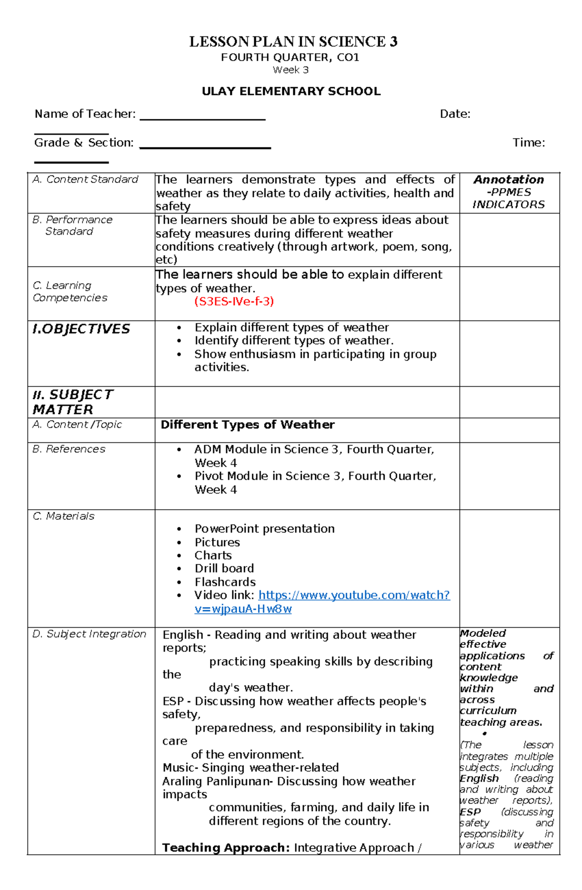 MT- Cotscience 3, Q4-W3, Lesson Plan on Kinds of Weather - Studocu