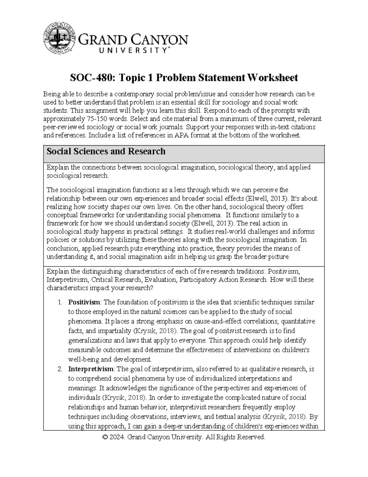 SOC-480: Topic 1 Problem Statement Worksheet and Research Traditions ...