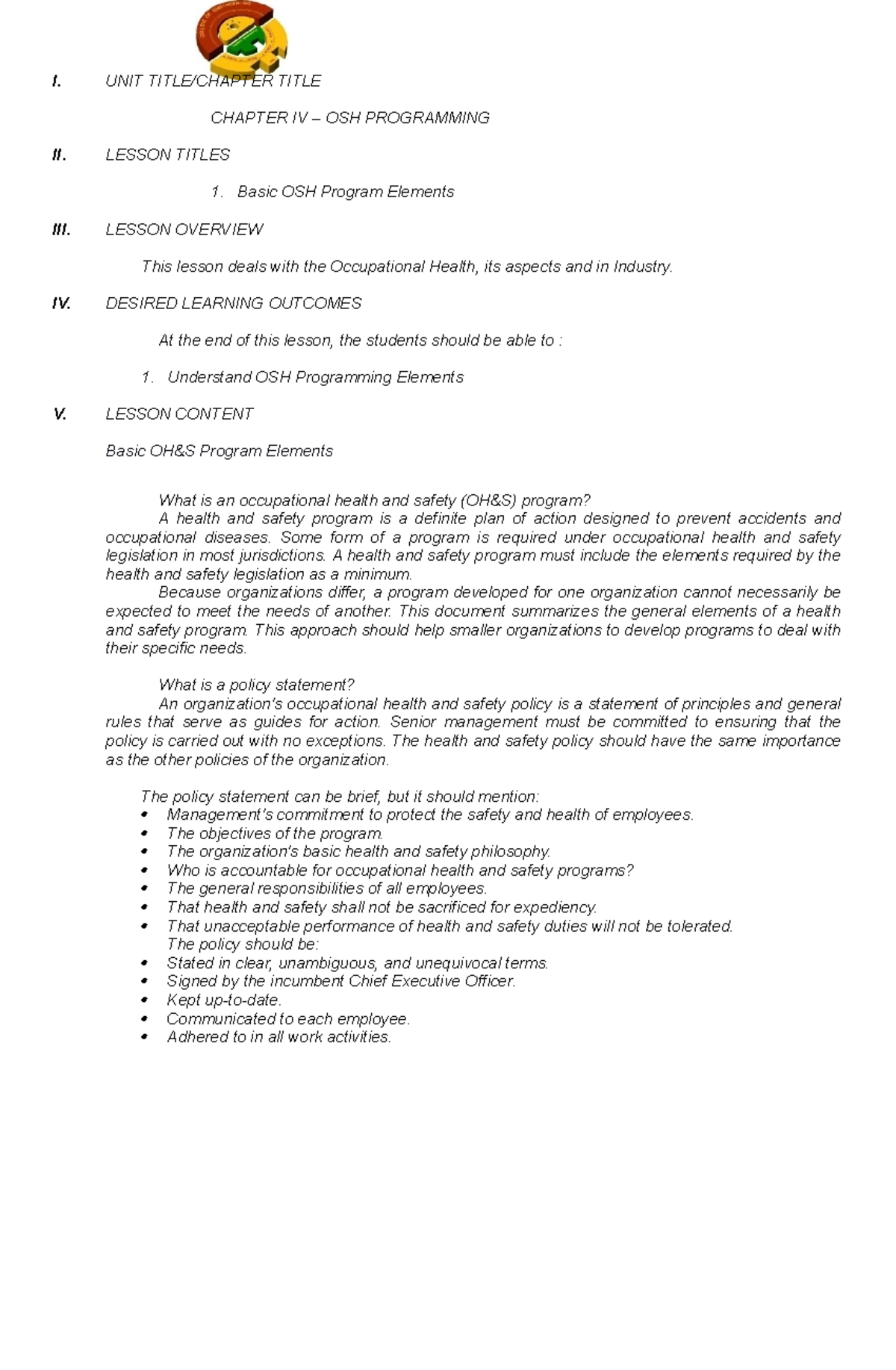 BOSH 4 - OSH Programming: Key Elements of Occupational Health Industry ...