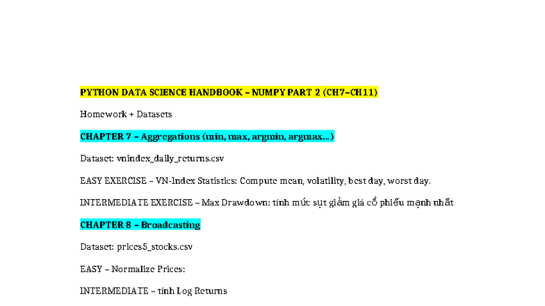 PYTHON DATA SCIENCE HANDBOOK – NUMPY HOMEWORK (CH7-CH11) - Studocu