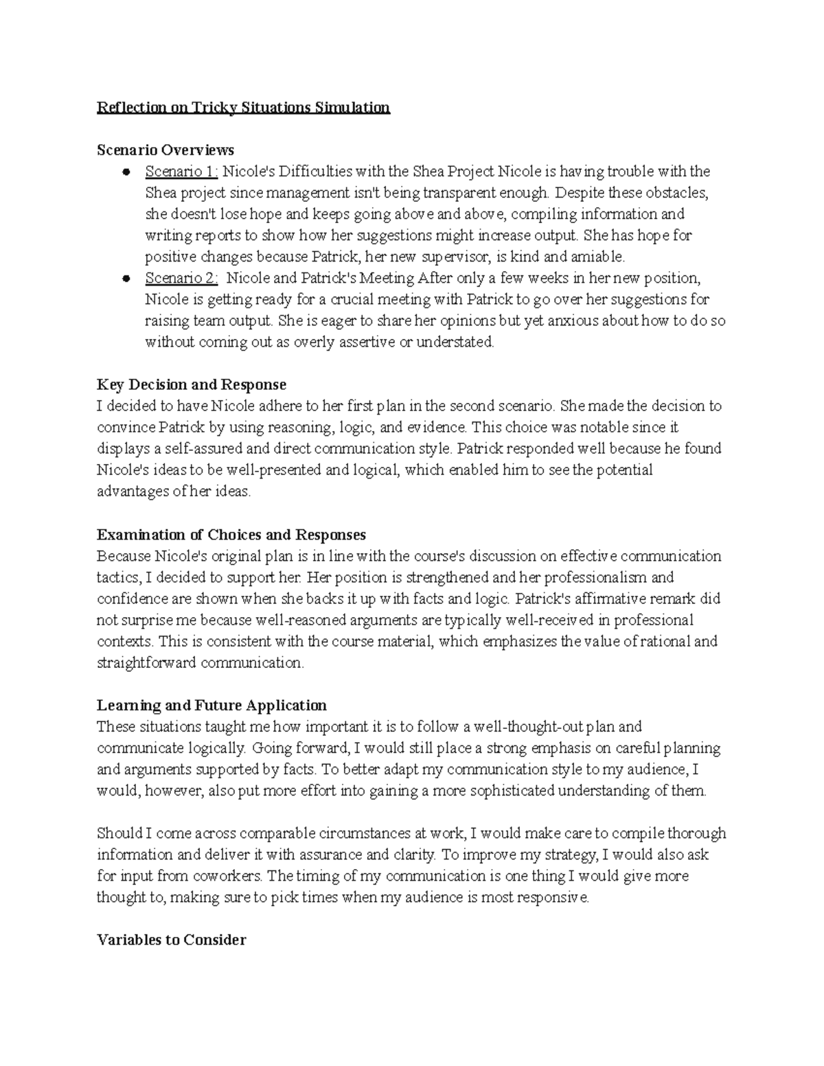 Danvir Sandhu - Reflection on Tricky Situations Simulation - Reflection ...