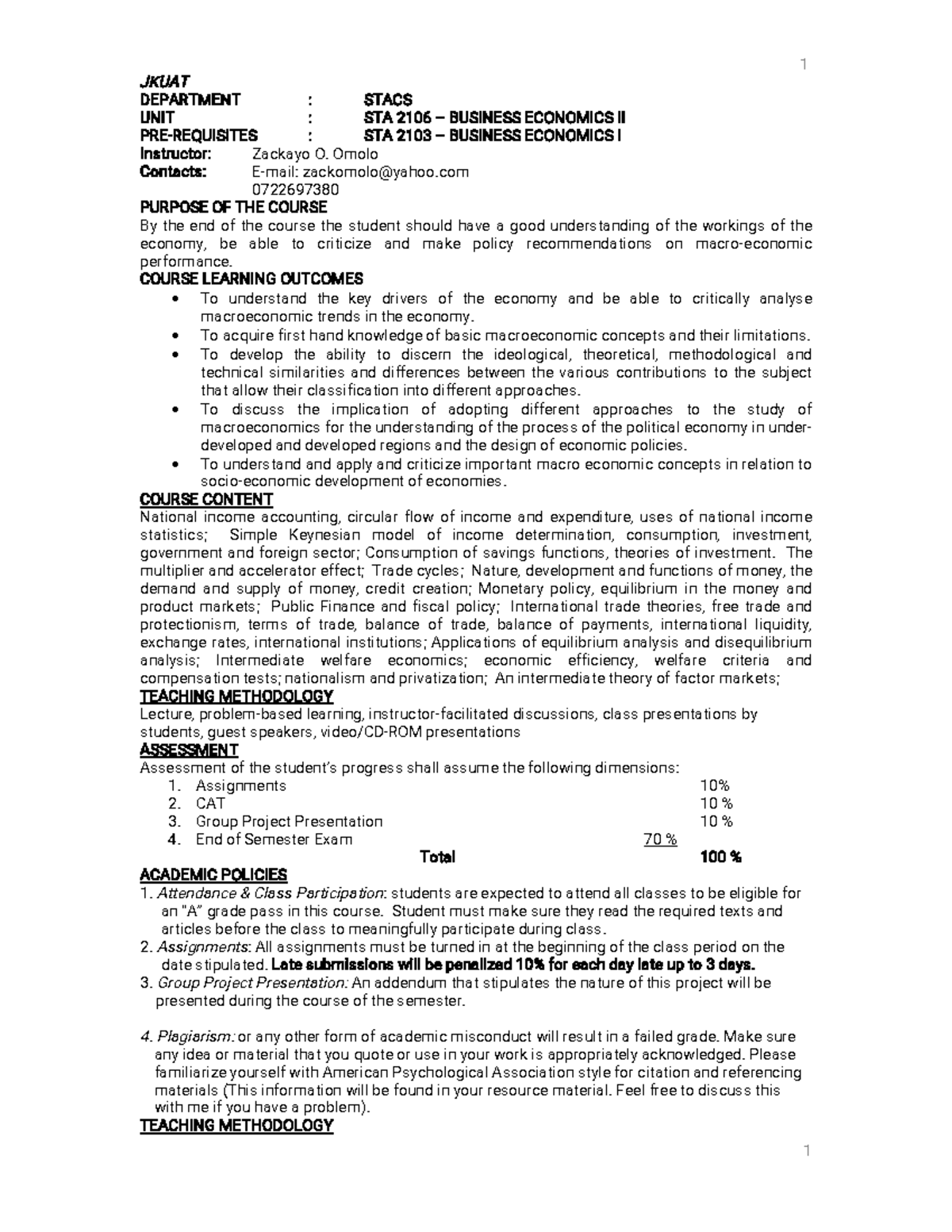Business Economics 2 Lecture Notes - STA2106 - Studocu