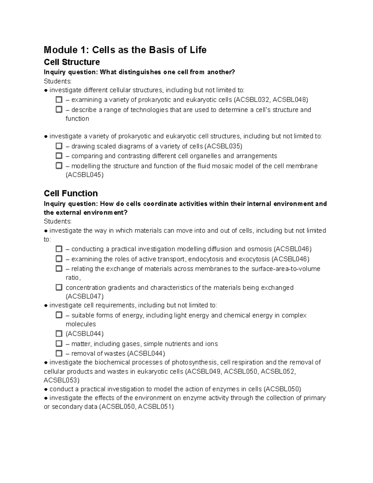 BIO Syllabus Notes: Module 1 - Cells as the Basis of Life (ACSBL032 ...