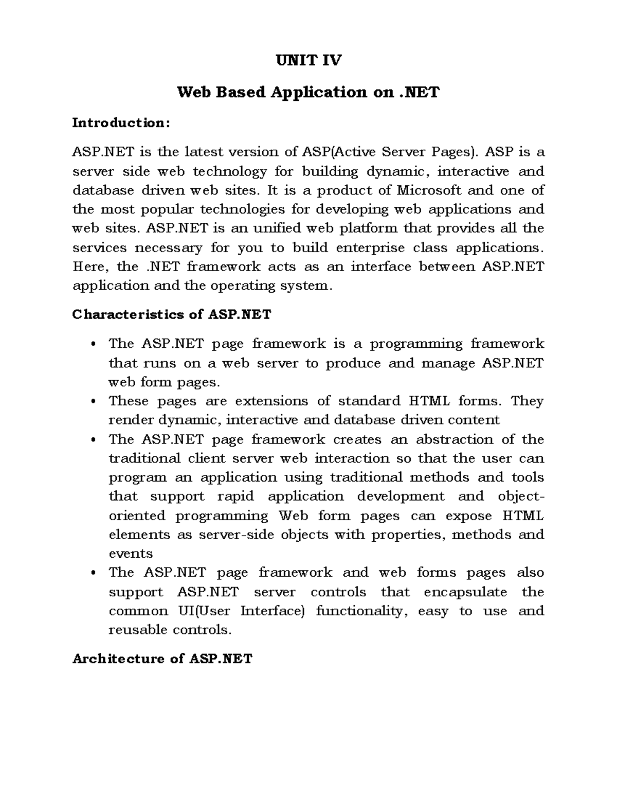 C# and .NET Framework UNIT IV ASP.NET Overview and Key Concepts - Studocu