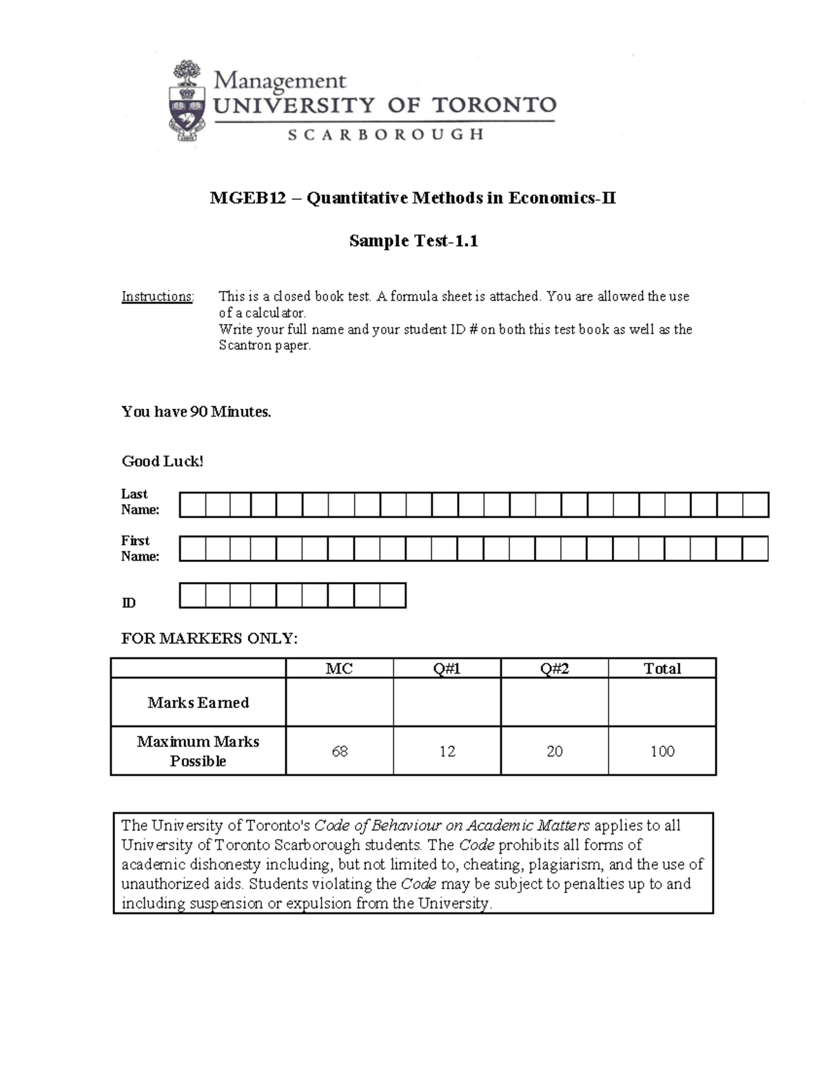 MGEB12-ST11 - Sample test - MGEB12 – Quantitative Methods in Economics ...