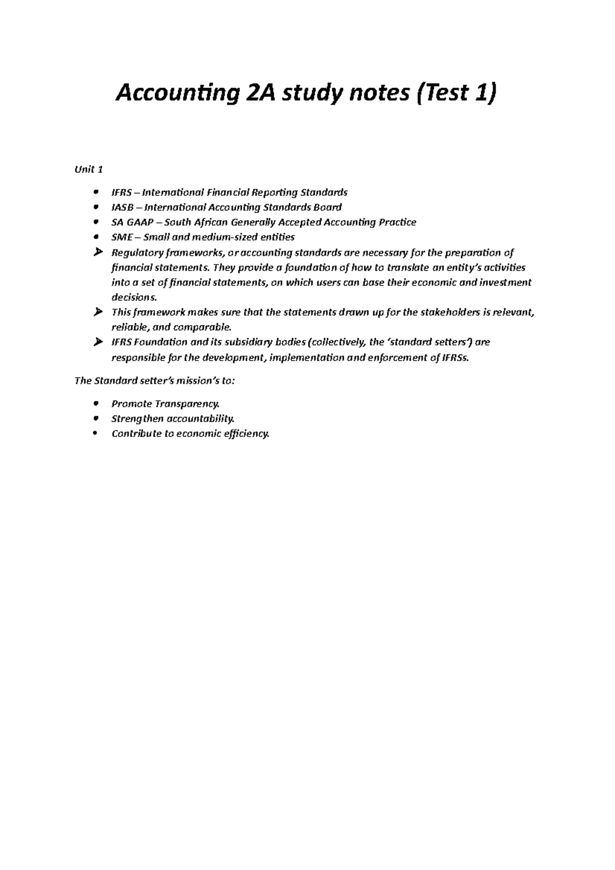 Accounting 2A Test 1 Study Notes on IFRS and Financial Standards - Studocu