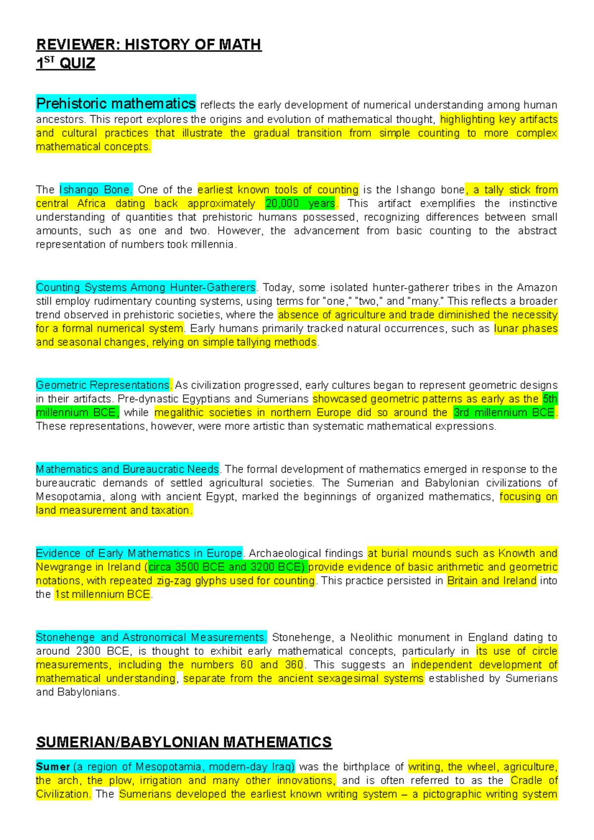 HIST 101: Reviewer for History of Math Quiz Materials - Studocu