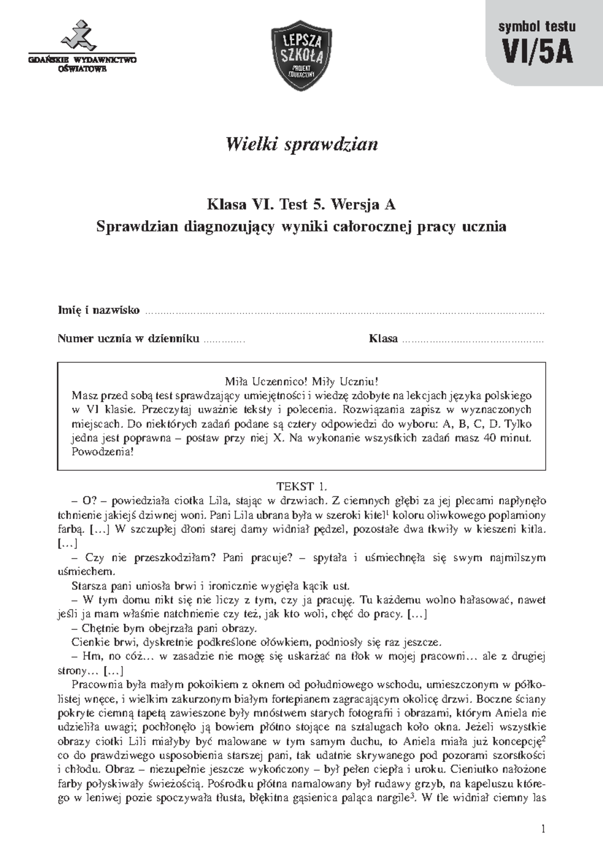 Test 5 Klasa VI - Wersja A i B - Diagnostyka Wiedzy z Języka Polskiego