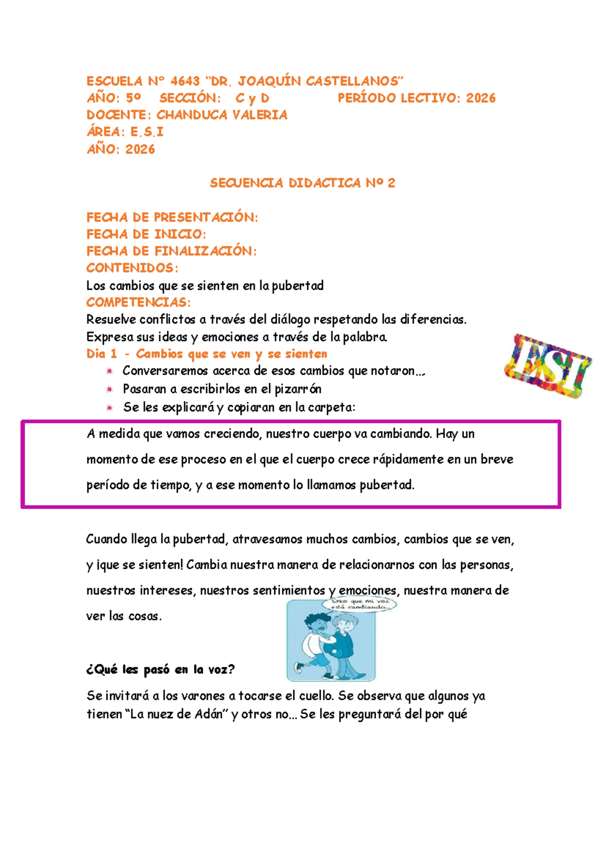 ESI 4643 Cambios en la Pubertad: Reflexiones y Actividades - Studocu