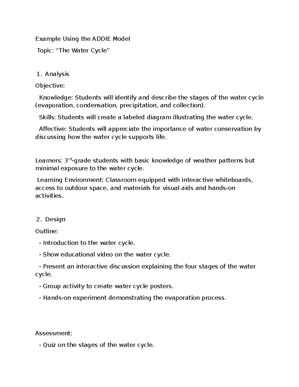 ADDIE Model Lesson Plan: Water Cycle Analysis & Activities - Studocu
