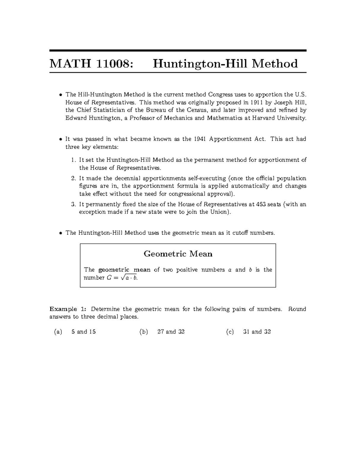 MATH 11008: Final Notes on the Huntington-Hill Method Explained - Studocu