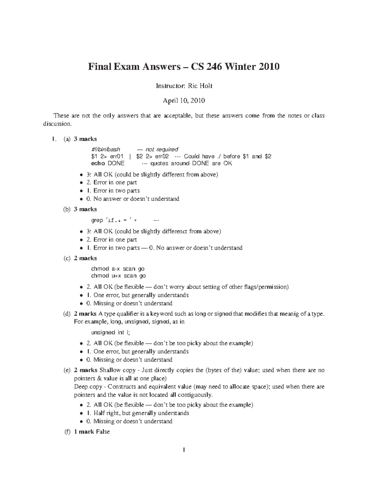 Final Exam Answers for CS 246 - April 10, 2010 - Studocu