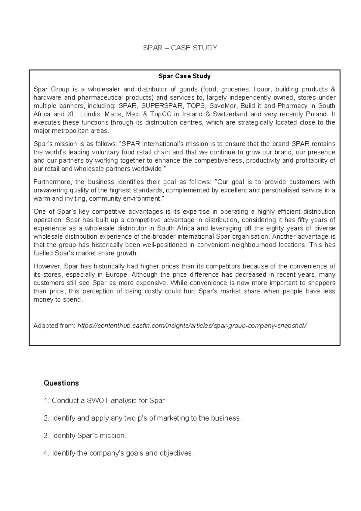 Case Study: SWOT Analysis & Marketing for Spar (Chapter 2) - Studocu