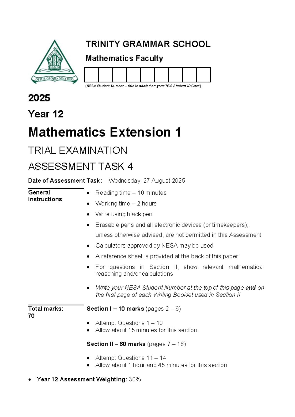 2025 HSC 12MAX Mathematics Extension 1 Trial Exam Paper - Studocu