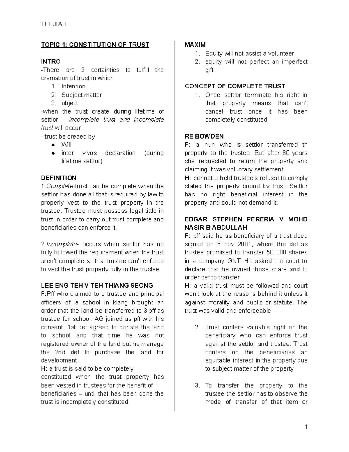 Equity midterm Notes 2 - Revision - TOPIC 1: CONSTITUTION OF TRUST ...