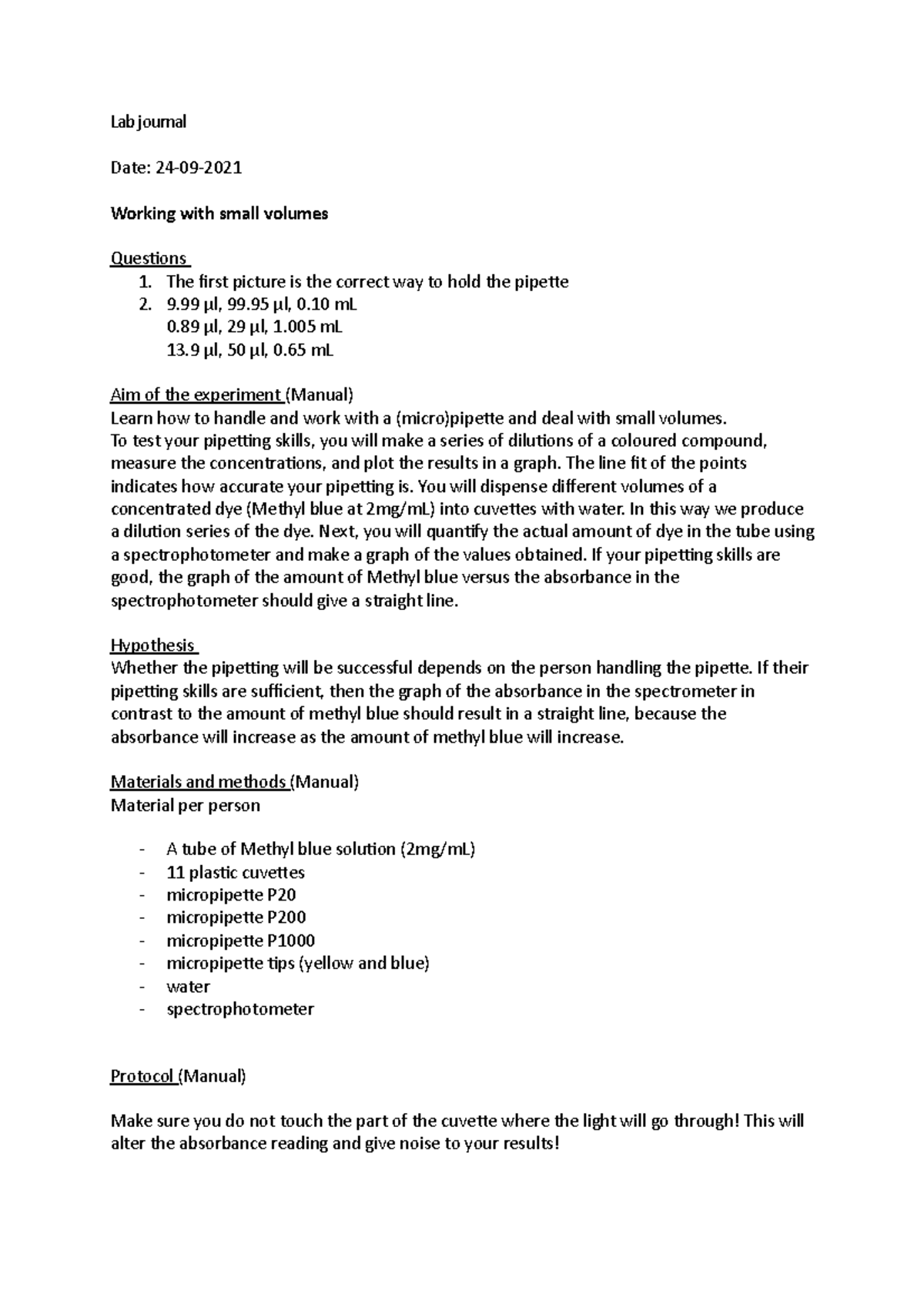 Lab journal experiment 1 + 2 working with small volume and human ...