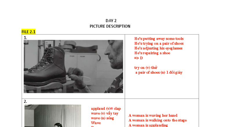 A205 - Day 2 Picture Descriptions and Vocabulary Notes - Studocu